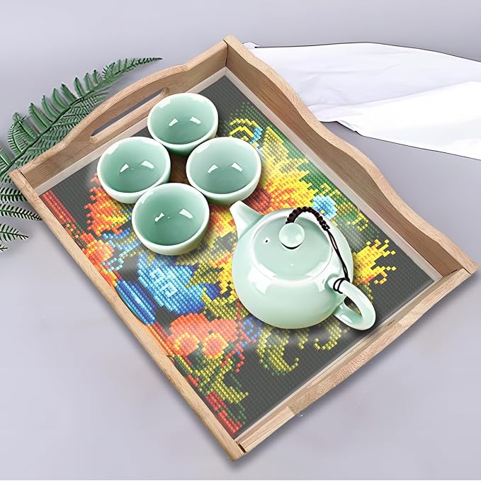 FGbaby DIY 5D Sunflower Diamond Painting Wood Serving Tray with Handles Diamond Art Decorative Serving Trays Wooden Tray for Breakfast in Bed, Patio, BBQ, Coffee Table, Party – Great for Lap & Couch