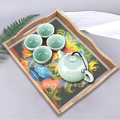 FGbaby DIY 5D Sunflower Diamond Painting Wood Serving Tray with Handles Diamond Art Decorative Serving Trays Wooden Tray for Breakfast in Bed, Patio, BBQ, Coffee Table, Party – Great for Lap & Couch