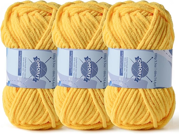 Chunky Chenille Yarn for Crocheting，Baby Yarn for Crocheting Soft Blankets，Bulky Yarns for Crochet Amigurumi，3×100g (3×74.3yds) Fluffy Velvet Yarns for Hand Knitting (3 Yellow)