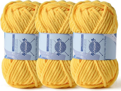 Chunky Chenille Yarn for Crocheting，Baby Yarn for Crocheting Soft Blankets，Bulky Yarns for Crochet Amigurumi，3×100g (3×74.3yds) Fluffy Velvet Yarns for Hand Knitting (3 Yellow)
