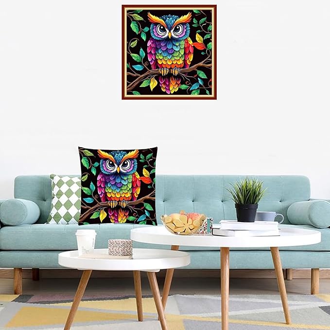 Lovxvouy Pillow Cross Stitch Kits for Adults Beginners-Preprinted Needlepoint Kit Stamped Crossstitching Kits 11CT Cross-Stitch Kit Stitches Kit Embroidery Kits-Colorful Owl 18x18 inchs