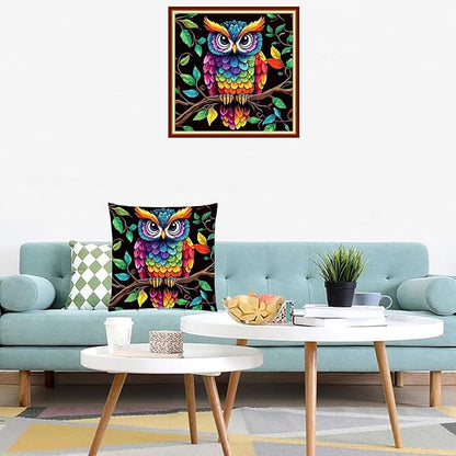 Lovxvouy Pillow Cross Stitch Kits for Adults Beginners-Preprinted Needlepoint Kit Stamped Crossstitching Kits 11CT Cross-Stitch Kit Stitches Kit Embroidery Kits-Colorful Owl 18x18 inchs