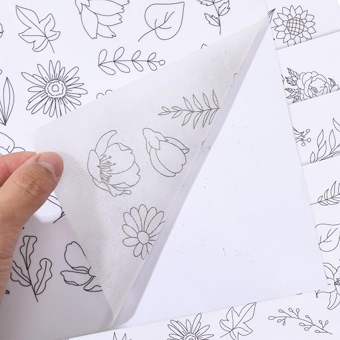 ORIGACH 4 Sheets 105 Pcs Water Soluble Embroidery Patterns Stabilizers - Pre-Printed Floral, Flowering Shrubs & Leaves Designs - Stick & Stitch Embroidery Paper for Hand Sewing Lovers