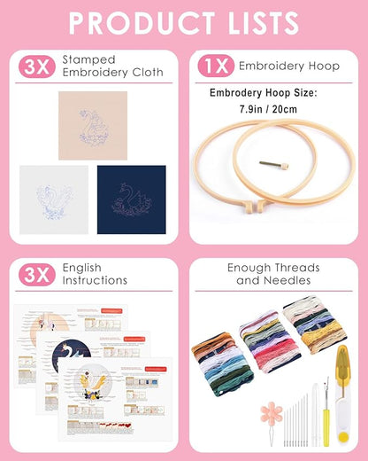 TINDTOP 3 Pack Embroidery Kit for Adult Beginners, Embroidery DIY Starter Kit, with Swan Stamped Patterns, Hoop, Tools, Colorful Threads with Needles, Instructions