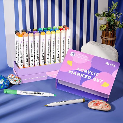 Arrtx 30 Colors Acrylic Paint Pens for Rock Painting, Extra Brush Tip, Water Based Paint Markers for Stone, Glass, Easter Egg, Wood and Fabric Painting-No Toxic,No Odor 30B