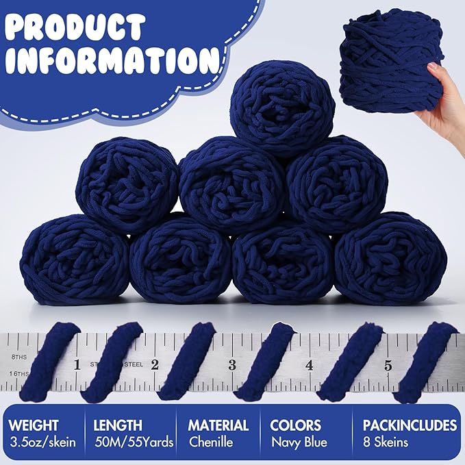 Buryeah 8 Pack Chunky Chenille Yarn for Crocheting Soft Thick Fluffy Yarn for Hand Knitting Bulky Velvet Blanket Plush for Weaving DIY Crafts Each 3.5 oz 55 Yards (Navy Blue)