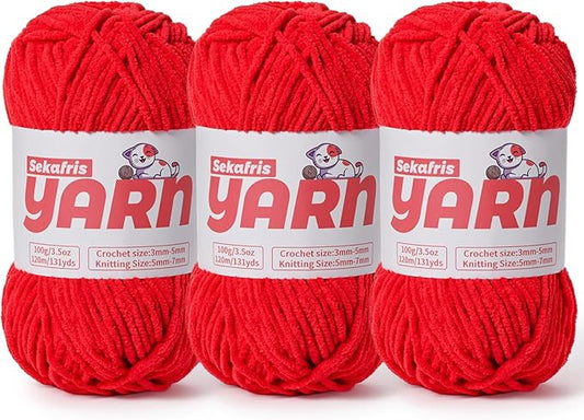 3 Pack Plush Chunky Chenille Yarn for Crocheting, Soft Fluffy Velvet Yarn for Crocheting, Fuzzy Baby Blanket Knitting Yarn, 300g/393yds Bulky Amigurumi Yarns（3 Red）