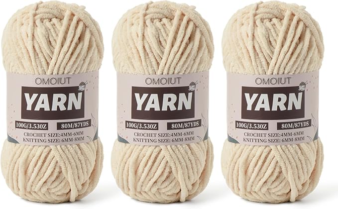 Fluffy Chenille Yarn for Crocheting - Baby Yarn for Crocheting Soft Blanket - 3 Pack of 100g/(87.4yds) Crochet Amigurumi Chunky Yarns - Super Bulky 5 Velvet Yarns (3 Beige)