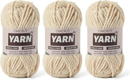 Fluffy Chenille Yarn for Crocheting - Baby Yarn for Crocheting Soft Blanket - 3 Pack of 100g/(87.4yds) Crochet Amigurumi Chunky Yarns - Super Bulky 5 Velvet Yarns (3 Beige)