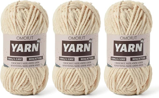 Fluffy Chenille Yarn for Crocheting - Baby Yarn for Crocheting Soft Blanket - 3 Pack of 100g/(87.4yds) Crochet Amigurumi Chunky Yarns - Super Bulky 5 Velvet Yarns (3 Beige)
