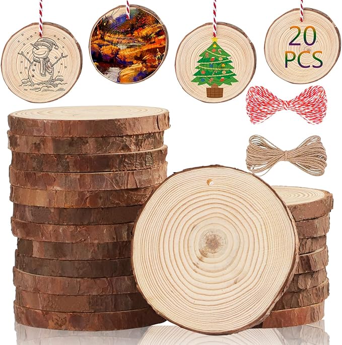 Artmag Natural Wood Slices 20pcs 3.1"-3.5" Unfinished DIY Crafts Predrilled with Hole Round Wooden Circles for Arts Rustic Wood Slices Christmas Ornaments Decor