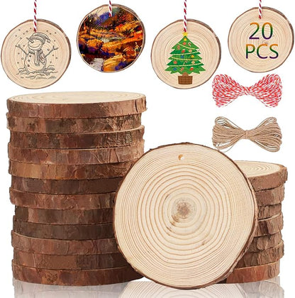 Artmag Natural Wood Slices 20pcs 3.1"-3.5" Unfinished DIY Crafts Predrilled with Hole Round Wooden Circles for Arts Rustic Wood Slices Christmas Ornaments Decor