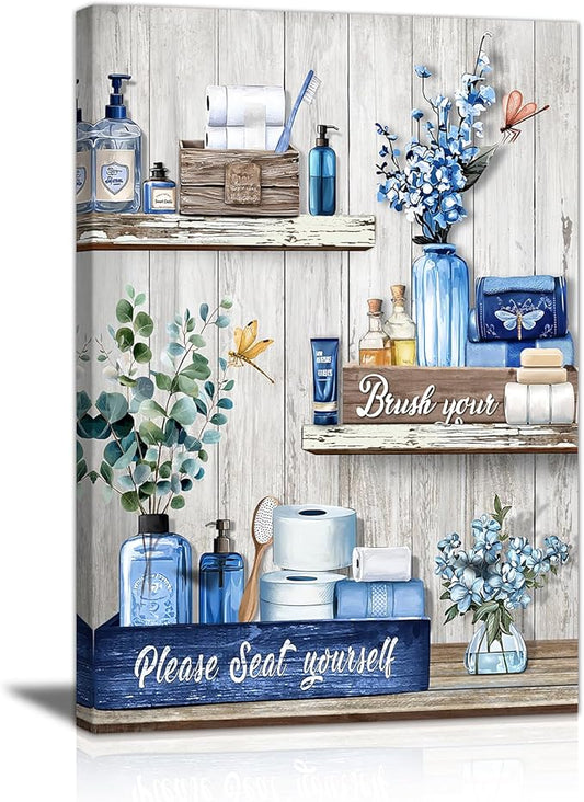 WANGTIAO Navy Blue Shelf Pattern Bathroom Canvas Wall Art Rustic Grey Wood Grain Wall Paintings Please Seat Yourself Sign Prints Pictures Vintage Aesthetic Bathroom Poster Artwork Home Decor 16"x24"