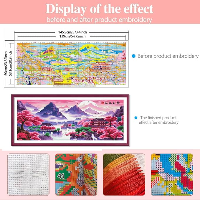 Zhenqing Purple Dawn Oriental Cross Stitch Kit – 11CT 146x60cm Large Aida Cloth with Cherry Blossoms & Ancient Landscape – Serene Home Wall Art Decor(65003)
