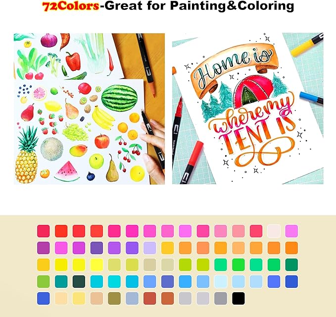 Abvqr Dual Markers Brush Pens, 72 Colors Art Marker Set with Brush and Fine Tips – Premium Art Supplies for Adults, Perfect for Coloring Books, Hand Lettering, Calligraphy, and Drawing