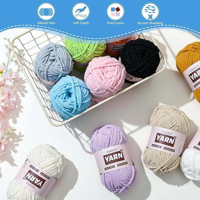 12 Pack Chenille Velvet Yarn - Baby Yarn for Crocheting Soft - Amigurumi Yarn Set with 600g(787yd) Crochet Yarn Crochet Hook、Stitch Markers、Fluffy Stuffing、Accessories B