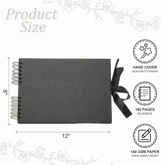 PATIKIL Scrapbook Photo Albums, 8x12 Inch 80 Pages Hardcover Scrapbooking Book DIY Album Supplies Kit with Sticker Ribbon for Gift Journal Memory Book Wedding Anniversary, Black, 2 Pcs
