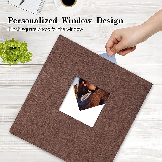 potricher Large Photo Album Self Adhesive 3x5 4x6 5x7 8x10 Pictures Linen Cover 80 Blank Pages Magnetic DIY Scrapbook Album with A Metallic Pen (Brown, 11x10.6 inch 80 Pages)