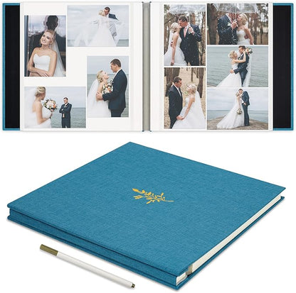 Remowith Self Adhesive Photo Album, Sky Blue Scrapbook Album with DIY 60 Blank Pages, Wedding Photo Album with A Metallic Pen for 4x6 5x7 2x3 Pictures, 10.6"x11"