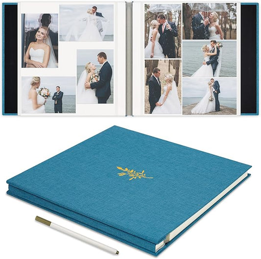 Remowith Self Adhesive Photo Album, Sky Blue Scrapbook Album with DIY 60 Blank Pages, Wedding Photo Album with A Metallic Pen for 4x6 5x7 2x3 Pictures, 10.6"x11"