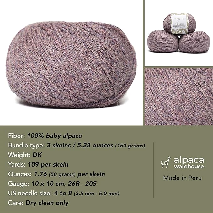 100% Baby Alpaca Yarn Wool Set of 3 Skeins (150 Grams) DK Weight - Made in Peru - Heavenly Soft and Perfect for Knitting and Crocheting (Heather Lilac, DK)