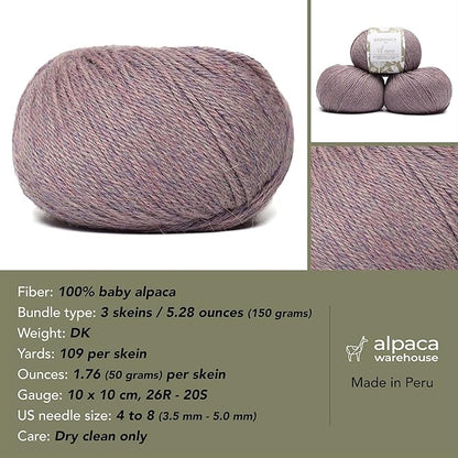 100% Baby Alpaca Yarn Wool Set of 3 Skeins (150 Grams) DK Weight - Made in Peru - Heavenly Soft and Perfect for Knitting and Crocheting (Heather Lilac, DK)