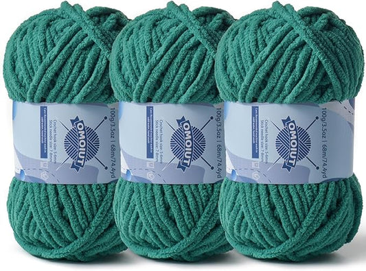 Chunky Chenille Yarn for Crocheting，Baby Yarn for Crocheting Soft Blankets，Bulky Yarns for Crochet Amigurumi，3×100g (3×74.3yds) Fluffy Velvet Yarns for Hand Knitting (3 Dark Green)