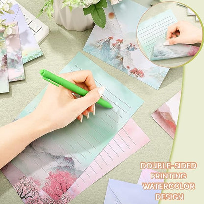 TaoBary 160 Pcs Stationery Paper Set 50 Double Sided Stationery Papers with 50 Matching Envelopes and 60 Round Dot Sticker, 10 Design(Ink Painting,5.5 x 8.25 Inch)