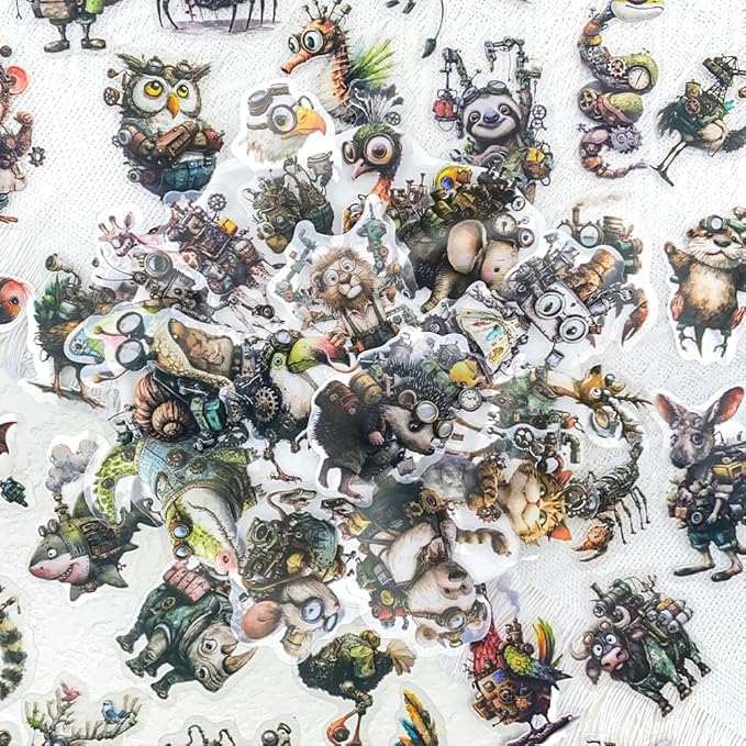 50PCS Steampunk Animal Stickers – Vintage Victorian Mechanical Creatures Waterproof Clear Stickers for Journaling, Scrapbooking, Crafts, Laptops, Art Projects