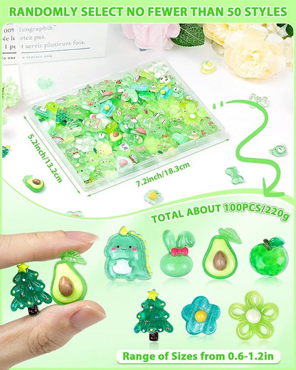 100PCS FIVEIZERO Cute Slime Charms Bulk Set – Kawaii Flatback Resin Charms for Crafts, Mini Decoden Acrylic Embellishments for Phone Junk Cases, Scrapbooking & DIY Decoration (Green)