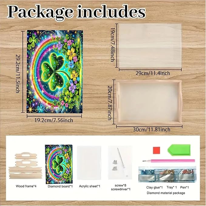 DoxQcs DIY Diamond Art Wooden Tray Kit Easter Food Tray with Handle Diamond Painted Table Decoration Tray for Breakfast Bar Dinner Table Diamond Art Painting for Beginners-#06-Rainbow Clover