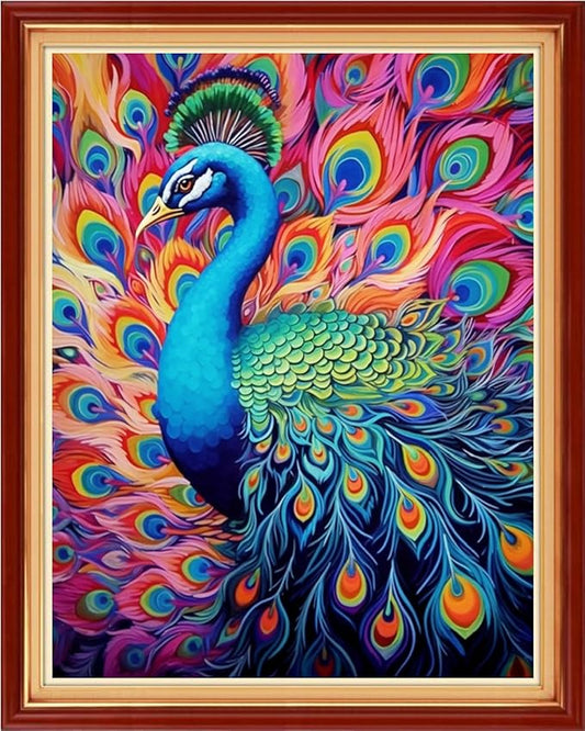 Foxhool Stamped Cross Stitch Kits,11CT Printed Cross Stitch Pattern Full Embroidery Kits for Beginner Needlepoint Kits-Colorful Peacock 16x20 inchs