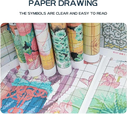 Magxvouy Cross Stitch Kits Stamped Full Range of Embroidery Kits,Cross Stitch Patterns Needlework Kits for Beginners 11CT Printed Kits&Lighthouse Seaside Flowers 16x20 inch