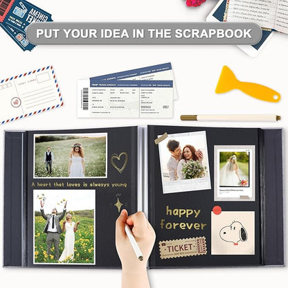 Self Adhesive Photo Album Black Pages Scrapbook Magnetic Photo Albums for 4x6 5x7 8x10 Pictures Books with Sticky Pages with A Metallic Pen for Baby Family Wedding 13.2x12.8 Pink 60 Pages