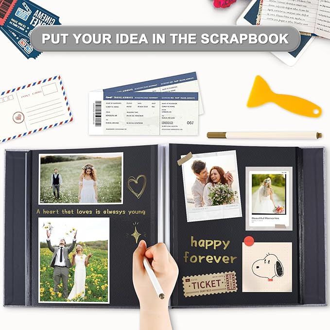 Self Adhesive Photo Album Black Pages Scrapbook Magnetic Photo Albums for 4x6 5x7 8x10 Pictures Books with Sticky Pages with A Metallic Pen for Baby Family Wedding 11x10.6 Blue 40 Pages