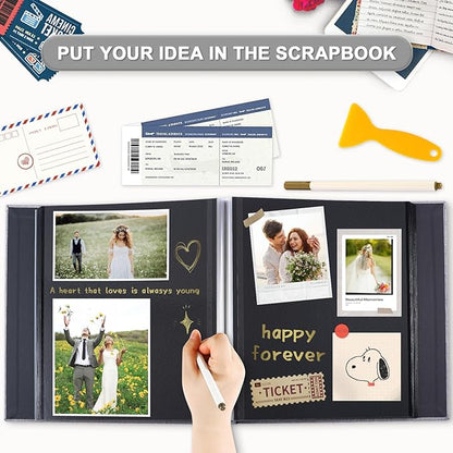Self Adhesive Photo Album Black Pages Scrapbook Magnetic Photo Albums for 4x6 5x7 8x10 Pictures Books with Sticky Pages with A Metallic Pen for Baby Family Wedding 11x10.6 Blue 40 Pages
