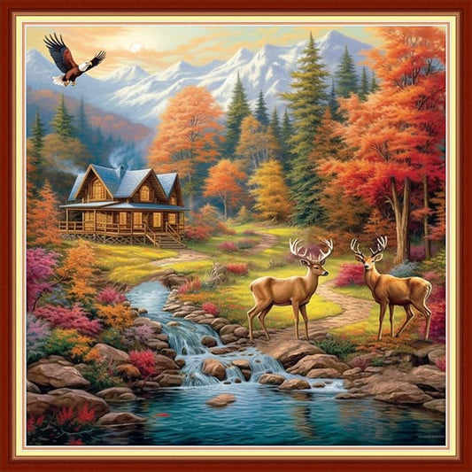 Redxing Stamped Cross Stitch Kits Embroidery kit for Beginners Adults Full Range of Embroidery Patterns Starter Kits DIY Printed Cross Stitch Kits Needlepoint Kits 11CT-Autumn Cabin elk 18x18 inch