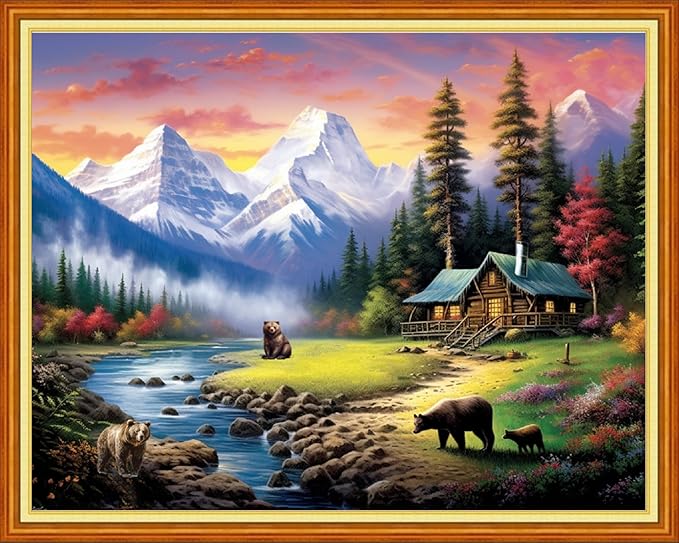 Dooxvey Cross Stitch Kits for Adults Stamped Full Range of Embroidery Starter Kits for Beginners 11CT Printed Cross Stitch Patterns Needlepoint Kits Stamped Crossstitching-Bear Scenery 16x20 inch