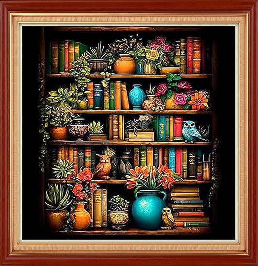 Joyhoor Stamped Cross Stitch Kits for Beginners Needlepoint Kits for Adults Embroidery Kits 11CT Counted Cross Stitch Kits Printed Embroidery Pattern-Bookshelf Flowers 18x18 inch