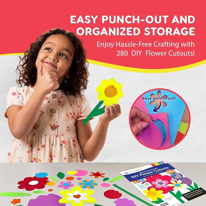 FreshCut Crafts: 280 Pieces of DIY Flower Cutouts with IDEA Guide - 2-Sided Punch Out Tulips, Daisies, Daffodils, Flowers Ideal for Spring Craft Projects, and Mother's Day DIY Gift Craft