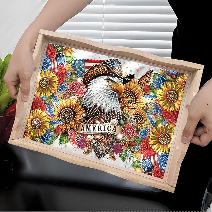 DoxQcs DIY Diamond Art Wooden Tray Kit Easter Food Tray with Handle Diamond Painted Table Decoration Tray for Breakfast Bar Dinner Table Diamond Art Painting for Beginners-19-USA Eagle