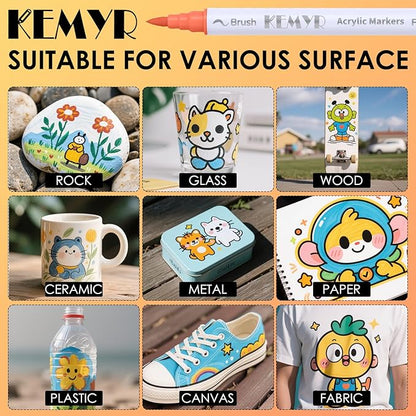 KEMYR 48 Colors Brush & Fine Tip Acrylic Paint Pens, Dual Tip Acrylic Paint Markers for Paper, Wood, Canvas, Stone, Rock, Glass, Fabric, DIY, Ceramic, Art Supplies for Adults Drawing