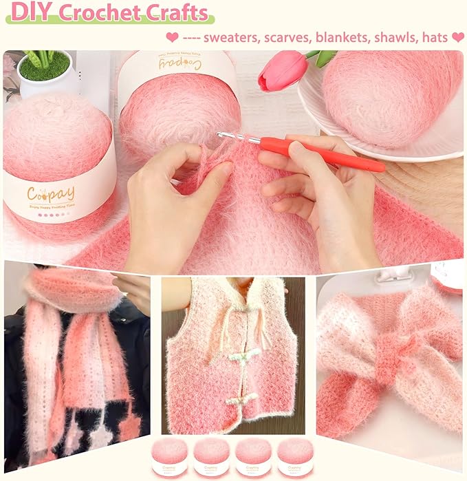 Coopay Ombre Yarn for Crocheting and Knitting - 4 Pack Dual Gradient Yarn Cake with Plush of 100g/3.52oz - 190m/207yds - 38% Wool, 40% Nylon, 22% Acrylic for Sweaters, Hats, Scarves (Pink Cherry)
