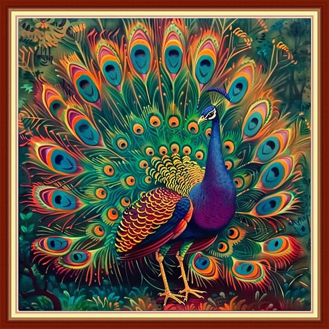 Joyhoor Stamped Cross Stitch Kits for Beginners Needlepoint Kits for Adults Embroidery Kits 11CT Counted Cross Stitch Kits Printed Embroidery Pattern-Colorful Peacock 18x18 inchs