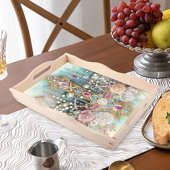 JZHYOAN Flower Diamond Painting Trays for Adults, DIY Cross Creative Design, Kitchen Platters for Entertaining Breakfast Coffee Table Decoration for Living Room Coffee Serving Table Tray