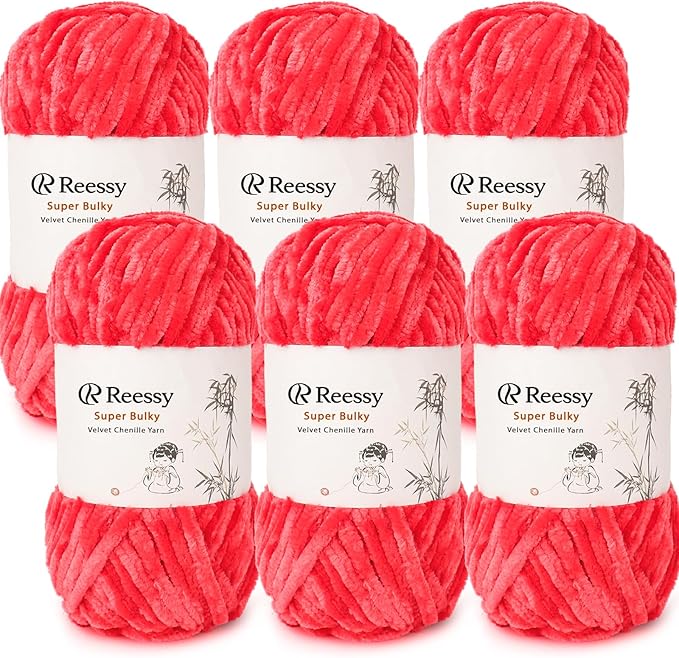 Velvet Chenille Yarn Pack – 6 Skeins × 100g Super Bulky (CYC #6) – Soft Velvet Chunky for Crocheting & Knitting, Fluffy Chenille Yarn for Blankets, Scarves & Crafts (Red)