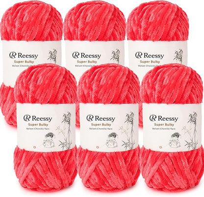 Velvet Chenille Yarn Pack – 6 Skeins × 100g Super Bulky (CYC #6) – Soft Velvet Chunky for Crocheting & Knitting, Fluffy Chenille Yarn for Blankets, Scarves & Crafts (Red)
