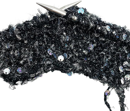 Artisanal Yarn Collection Multifiber Fancy Yarn with Metallic Silver Bow and Laser Sequins for Knitting Crocheting Crafts DIY, Set of 3 Rolls (Black & Silver)