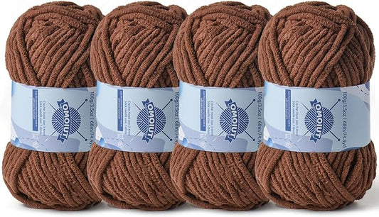 Chunky Chenille Yarn for Crocheting，Baby Yarn for Crocheting Soft Blankets，Bulky Yarns for Crochet Amigurumi，4×100g (4×74.3yds) Fluffy Velvet Yarns for Hand Knitting (4 Coffee)