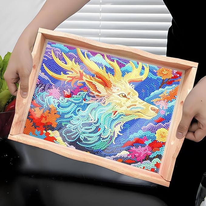 Generic DIY Art Painting Wooden Tray Kit, Food Tray with Handle Diamond Painted Table Decoration Tray, for Breakfast, Bar Dinner Table Diamond Dots Gem Painting Art Set for Beginners (#30-Elk)